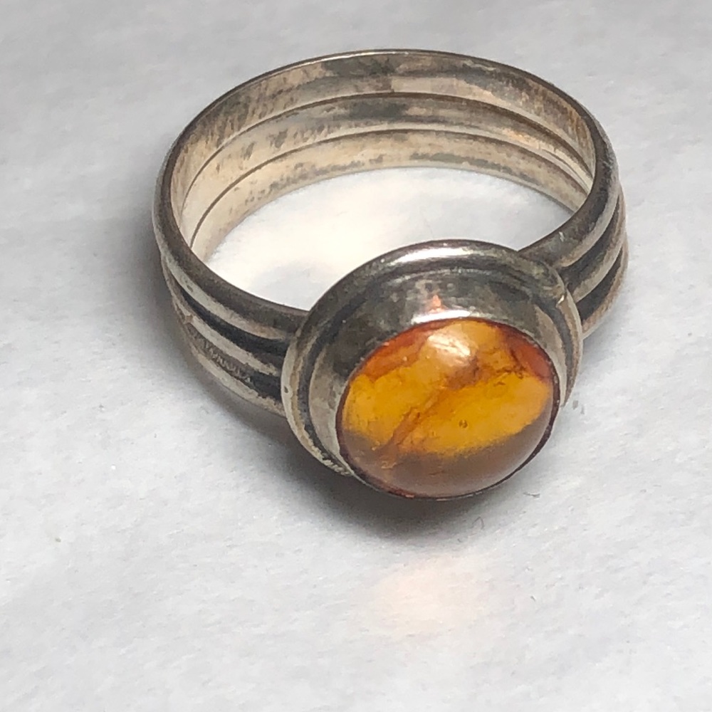 Silver and Amber Glass Cabochon Ring